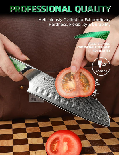 7 inch Nakiri Knife, Japanese VG-10 Damascus Steel Meat Cleaver, Ultra Sharp Vegetable Knife with Full-tang Handle in Green Resin, LA-S9 Series
