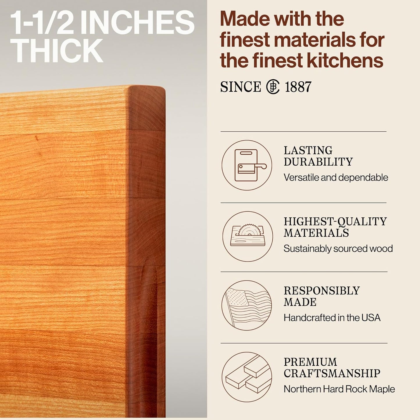 John Boos R-Board Series Rectangular Wooden Maple Cutting Board 20”x15” – 1.5” Thick, 12-lb Reversible Butcher Block with Edge-Grain & Finger Grips – Made in the USA