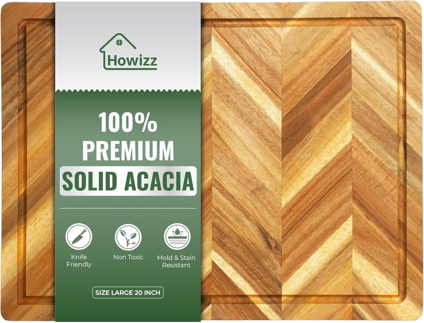 Howizz Acacia Wood Large Cutting Board, Thick End Grain Solid Wood Butcher Block For Kitchen, Non Toxic Pre-Oiled Carving Tray w/Juice Grooves and Easy Grip Handle, 20"x15"x1" (Gift-Ready Box)
