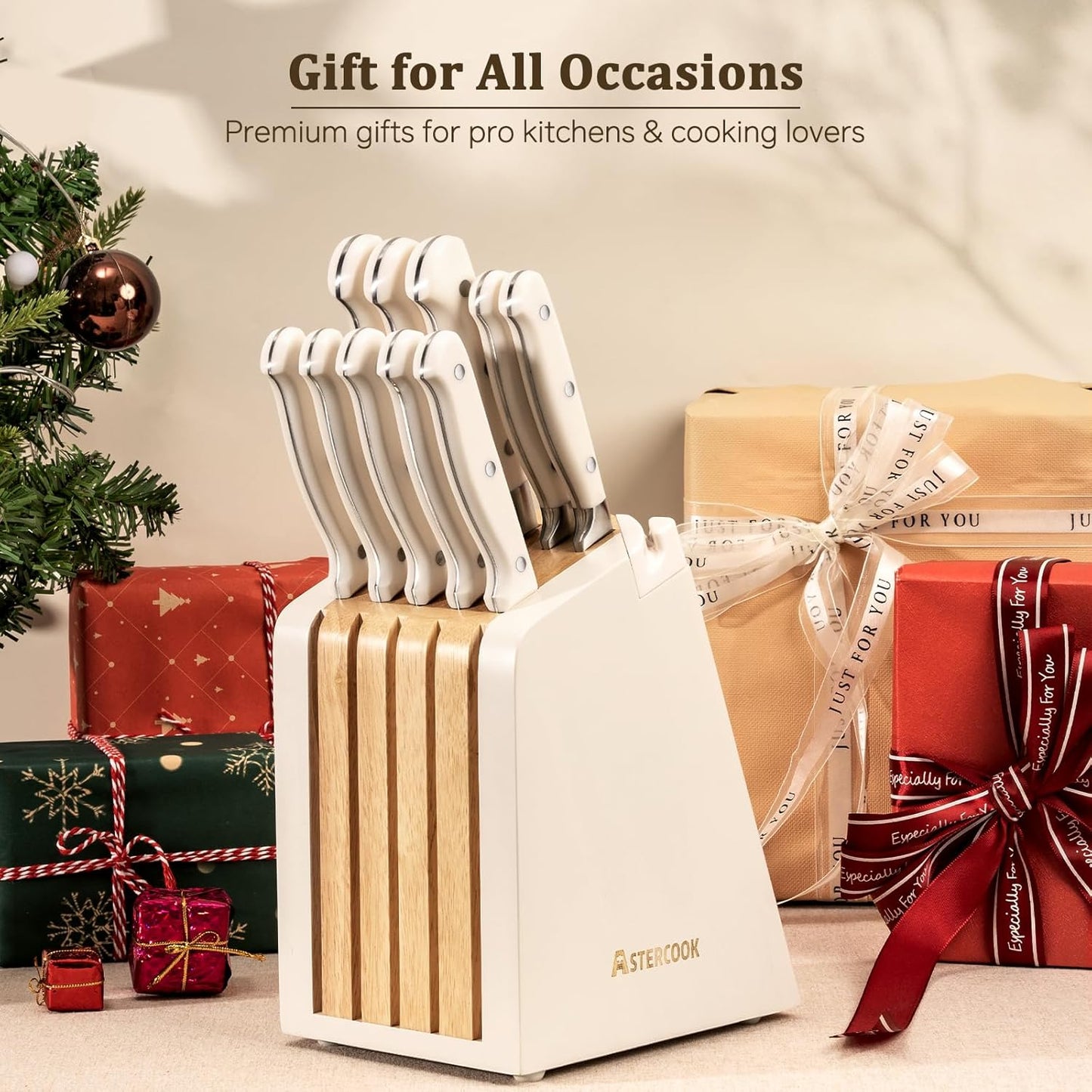 Astercook Knife Set, Kitchen Knife Set with Block and Sharpener, 12 Pcs Ultra-Sharp High Carbon Stainless Steel Knife Block Set with Non-Slip Full Tang Ergonomic Handle, Cream White Cutlery Set