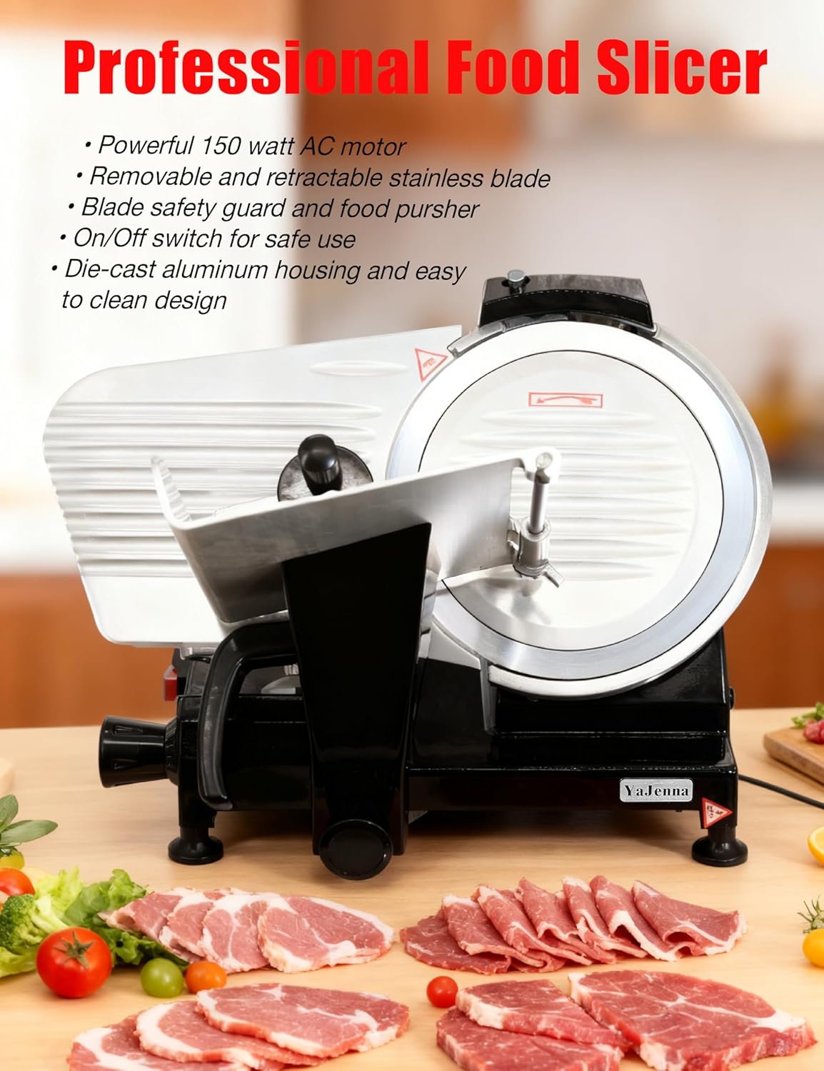 Black Electric Meat Slicer 10" 300W Deli and Ham Food Cheese Jerky Steak Slicer Cutting Machine with ETL Approved Semi-Auto 0-15MM Adjustable Slice Thickness