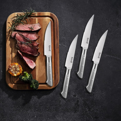 Steak Knives Set of 4, 5-Inch Serrated Stainless Steel Steak Knife Set with Wide Stainless Handle, Gift-Ready Box for Steak Night, BBQ, Housewarming & Wedding