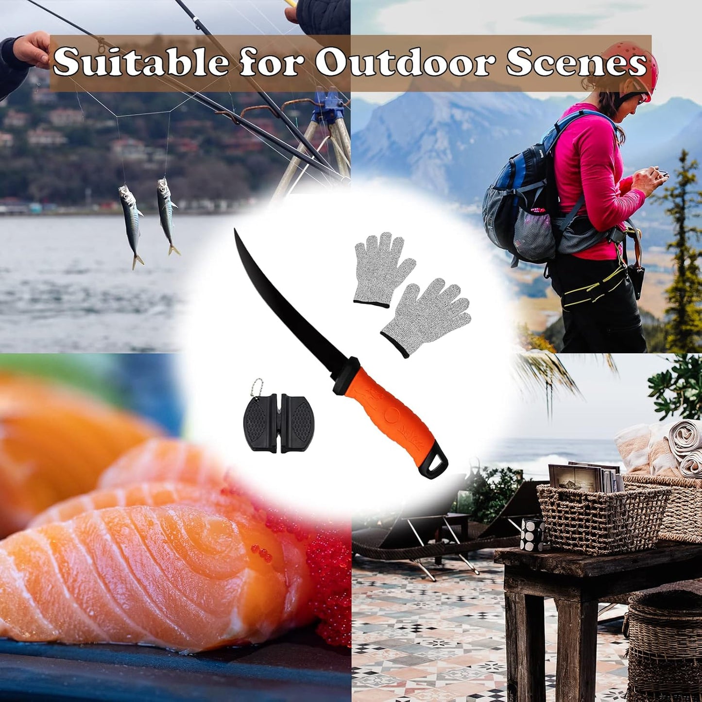 2PCS fillet knife Set, 5 & 7 inch Stainless Steel filet knife for fish, Fishing Gear, Fishing Tool Set, Fishing Accessories Gifts, Non-Slip Handles, with Sharpener and Cutting Resistant Gloves, Blue