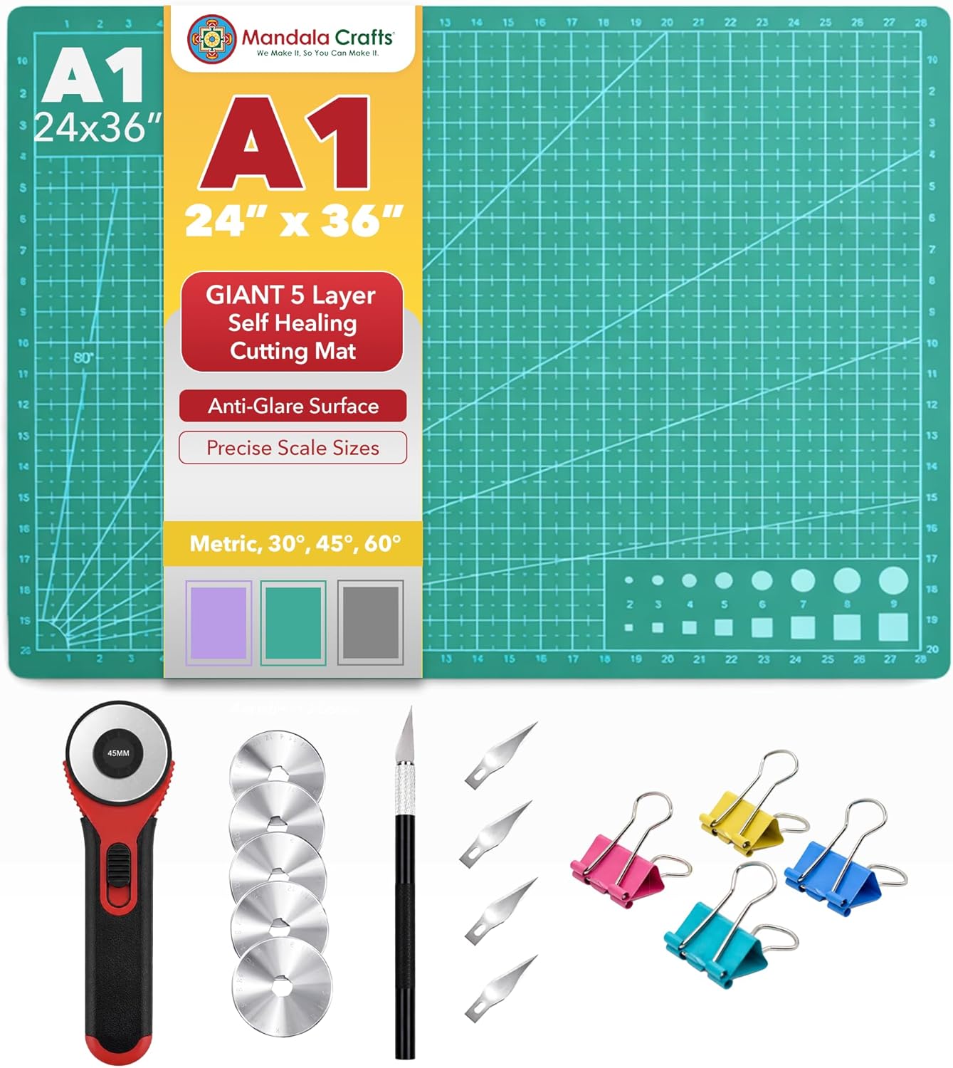 Mandala Crafts Self-Healing Cutting Mat Set – 12" x 18" A3 Green Double-Sided 5-Ply Mat with Fabric Cutter, Quilt Ruler & Craft Knife for Sewing, Quilting, Leather & Scrapbooking