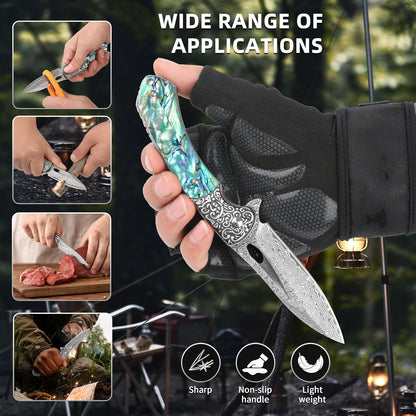 Damascus Pocket Knife with Sheath,3.54" Sharp Damascus Steel Blade Abalone Seashells Handle EDC Pocket Knives & Folding Knives for Outdoor Camping, Ideal Gifts for Men Women