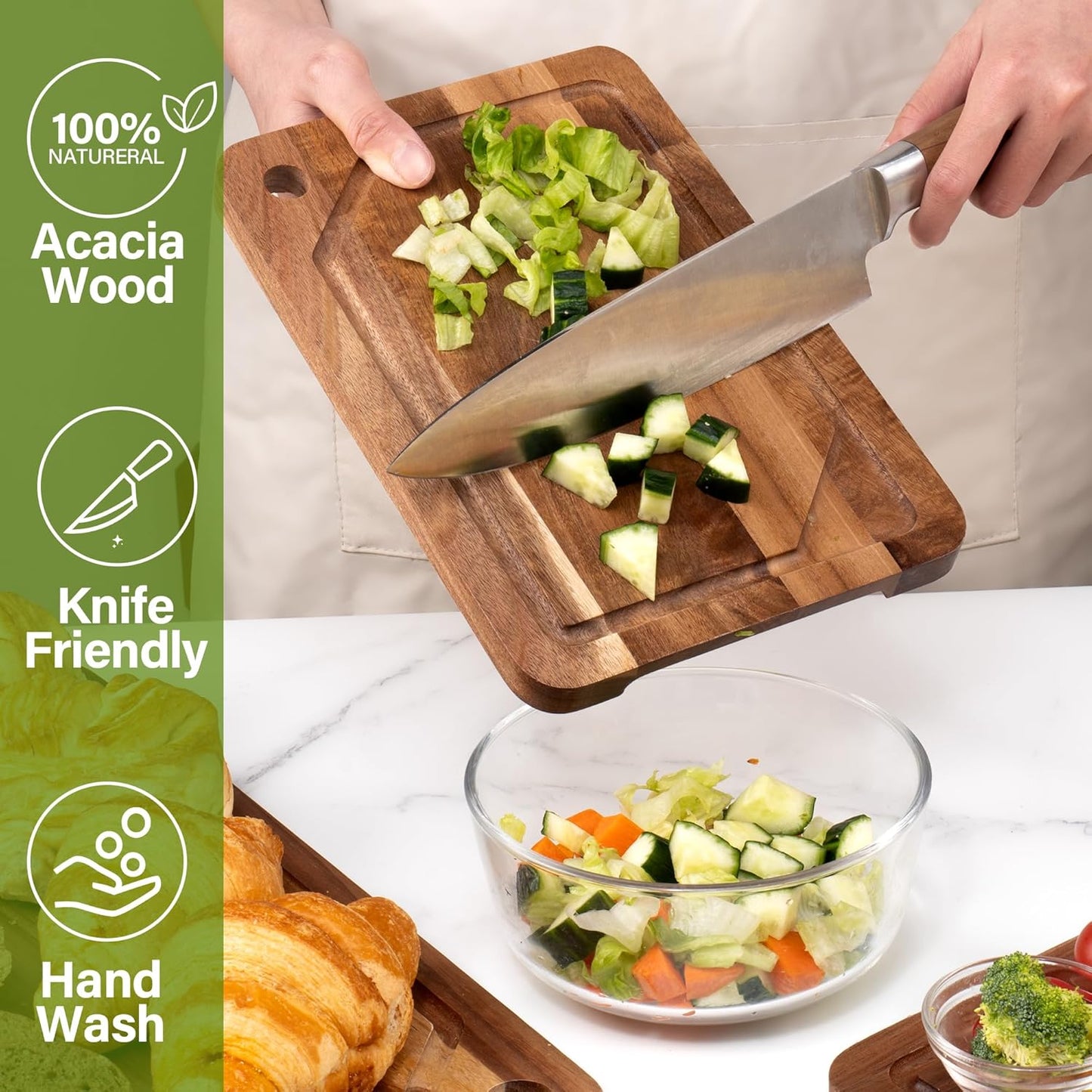 WILLKOMMEN 4-Piece Bamboo Cutting Boards for Kitchen, Chopping Board Set with Food Icon (Meat, Fish, Vegetables, Fruits) Butcher Block with Stands, Handles & Juice Grooves (Small, Medium, Large, XL)