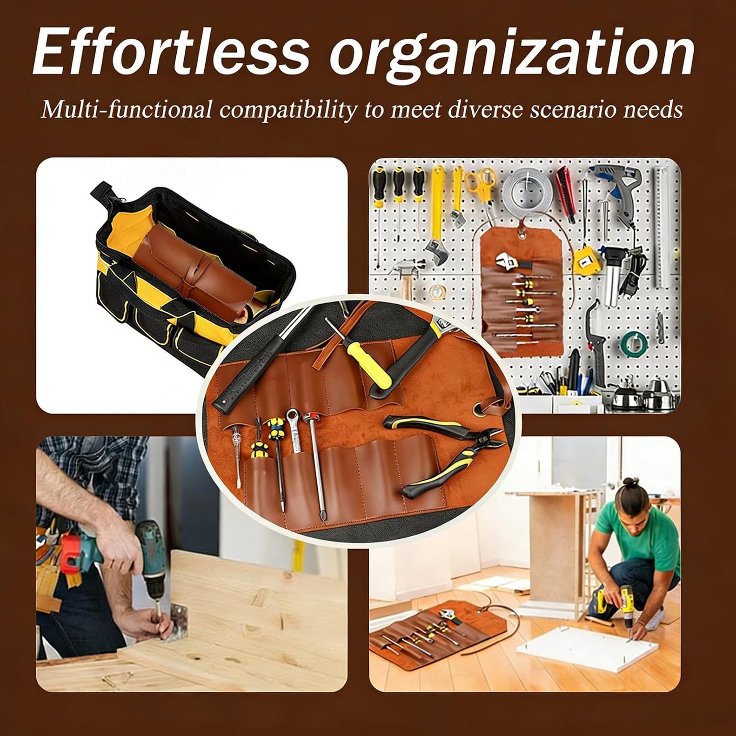 Tool Roll Pouch PU Leather Chisel Roll Portable Tool Roll Bag Organizer 10 Slots Wrench Roll Up Pouch Workshop Storage Tool Wrap for Mechanic Carpenter Craftsman