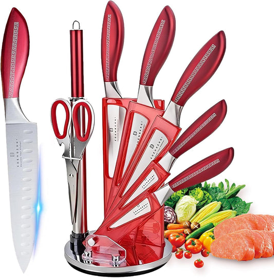 8-Pieces Kitchen Knife Set,Sharp Knife Sets with Sharpener and 360° Rotating Block,Non-stick Stainless Steel Knife set for Kitchen,Anti-Rust Dishwasher Safe kitchen sets (Red)