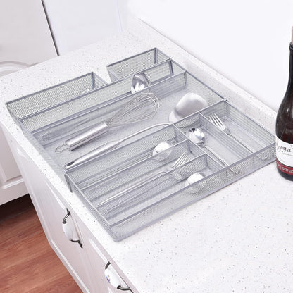 WuGeShop Mesh Silverware Tray Drawer Organizer, Kitchen Utensils Flatware with Anti-slip Mats, Silverware Storage Cutlery Tray for Knives Fork Spoon (5 Separate Compartments, Silver)