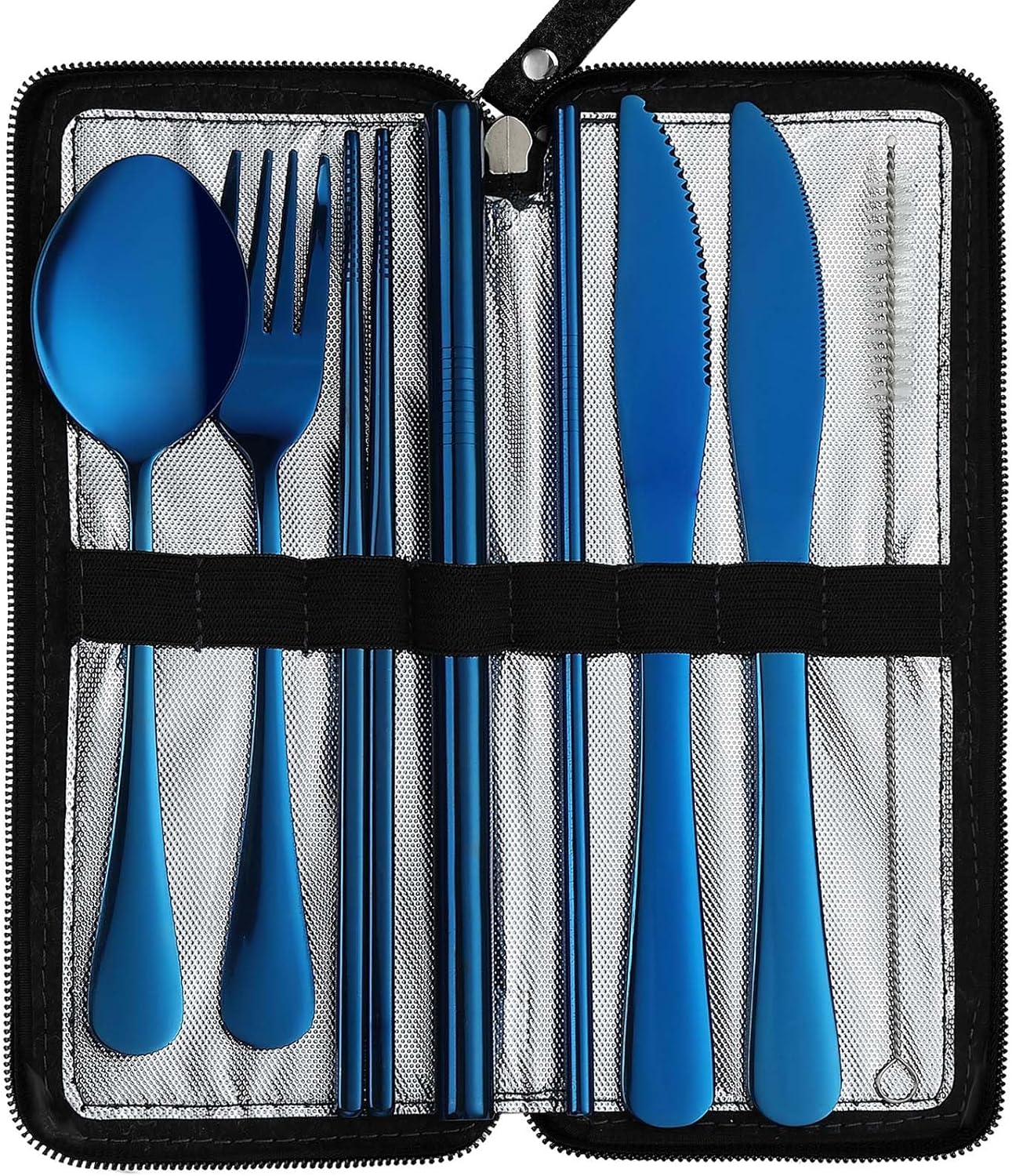 DEVICO Camping Utensils, Full-Size Reusable Silverware with Steak Knife, Boba Straw, Stainless Steel Travel Cutlery Set with Case, Fork and Spoon Set for Lunch box, Portable Flatware for Work (Silver)