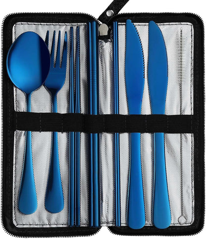 DEVICO Camping Utensils, Full-Size Reusable Silverware with Steak Knife, Boba Straw, Stainless Steel Travel Cutlery Set with Case, Fork and Spoon Set for Lunch box, Portable Flatware for Work (Silver)