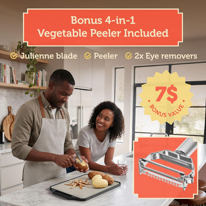 Stainless Steel Cutting Board - Non Toxic Cutting Board & Metal Cutting Board, Double-Sided Meat Cutting Board, Food-Grade PP, Juice Groove, 4-in-1 Vegetable Peeler Included, Black