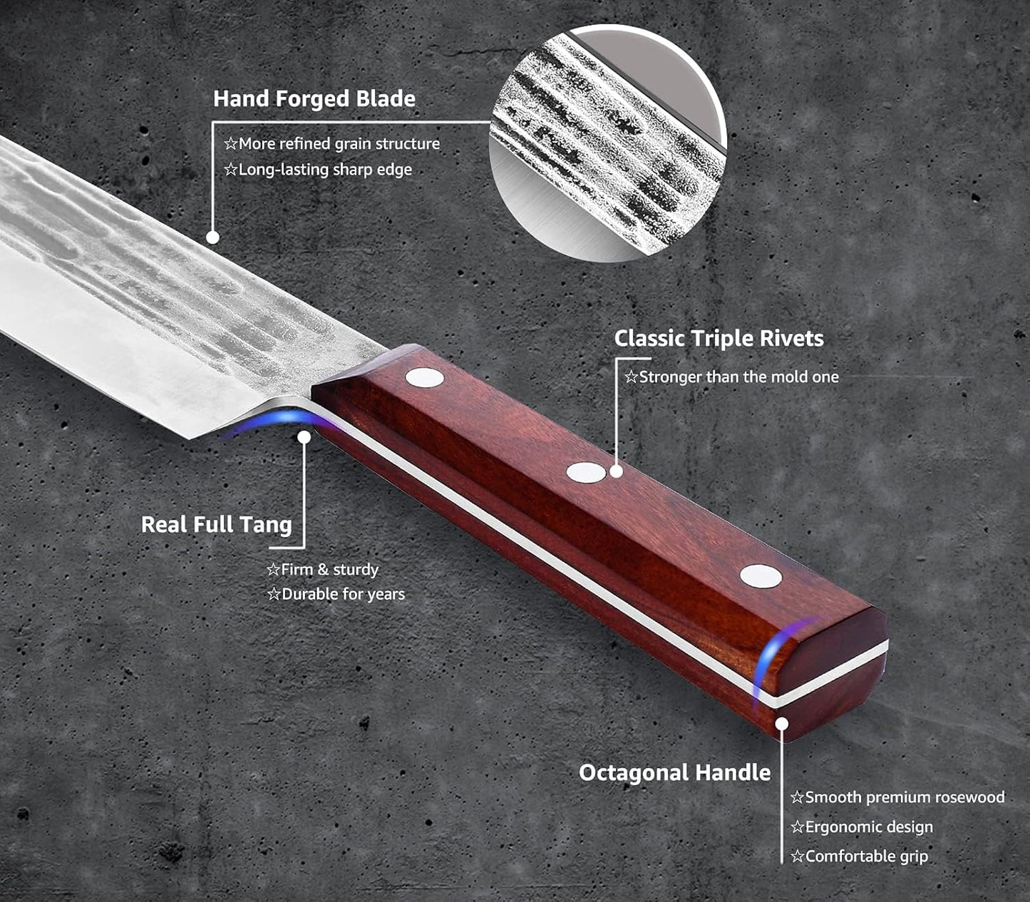 TOMBRO High Carbon Steel Gyuto Japanese Kitchen Knife,Hand Forged Chefs Knives with Rosewood Handle for Meat Vegetables Cutting in Home and Restaurant