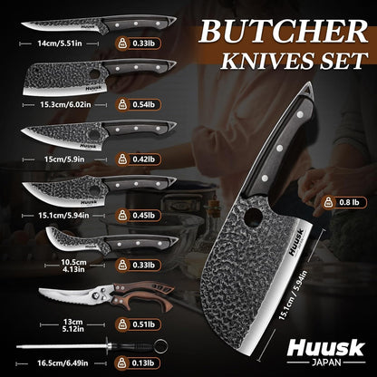 Huusk Serbian Chef Knife Set - 6Pcs Hand Forged Butcher Knife Set for Meat Cutting, Viking Boning Knives with Bag for Kitchen Outdoor BBQ Camping, Birthday Gift Idea Men