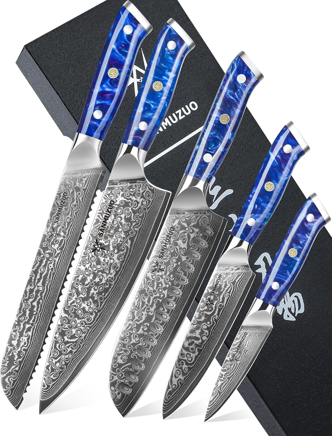 Steak Knives Set of 4, Ultra Sharp Non Serrated Kitchen Steak Knife 5 Inch - Damascus Steel & Resin Handle - Xuan Series (Sapphire Blue)