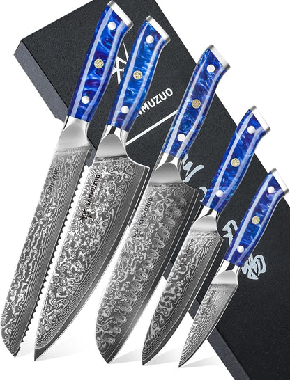 Steak Knives Set of 4, Ultra Sharp Non Serrated Kitchen Steak Knife 5 Inch - Damascus Steel & Resin Handle - Xuan Series (Sapphire Blue)