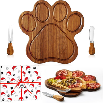 Ziliny Dog Paw Charcuterie Board Gift Set with Knives, Paw Print Cutting Cheese Board Dog Lovers Gifts for Women Acacia Wooden Puppy Platter for Christmas Housewarming Pet Lover Kitchen