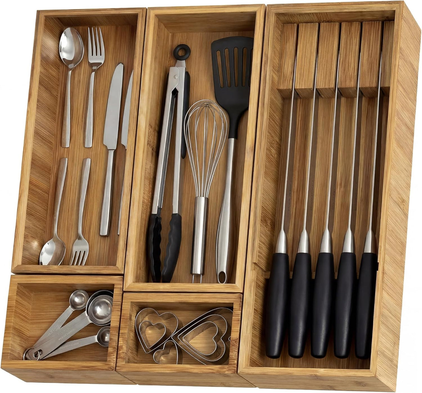 KOCWELL Bamboo Drawer Organizer with Knife Block, 3 Removable Silverware Drawer Organizer Bins - Multi-Use for Kitchen Utensils, Office, Makeup, Tools Storage
