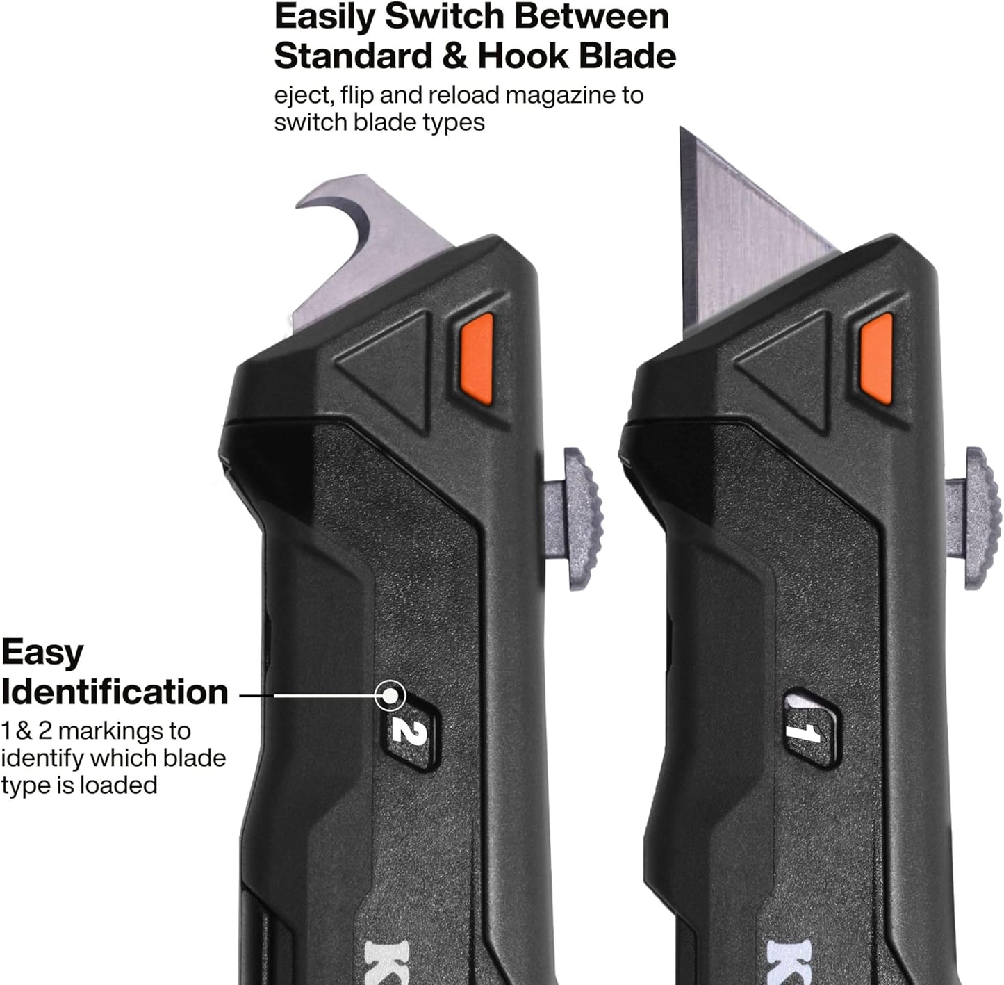 Klein Tools 44308 Auto-Loading Retractable Utility Knife, Utility Box Cutter, Dual-Sided 10 Blade Magazine, Standard and Hook Blades, Professional Work Knife