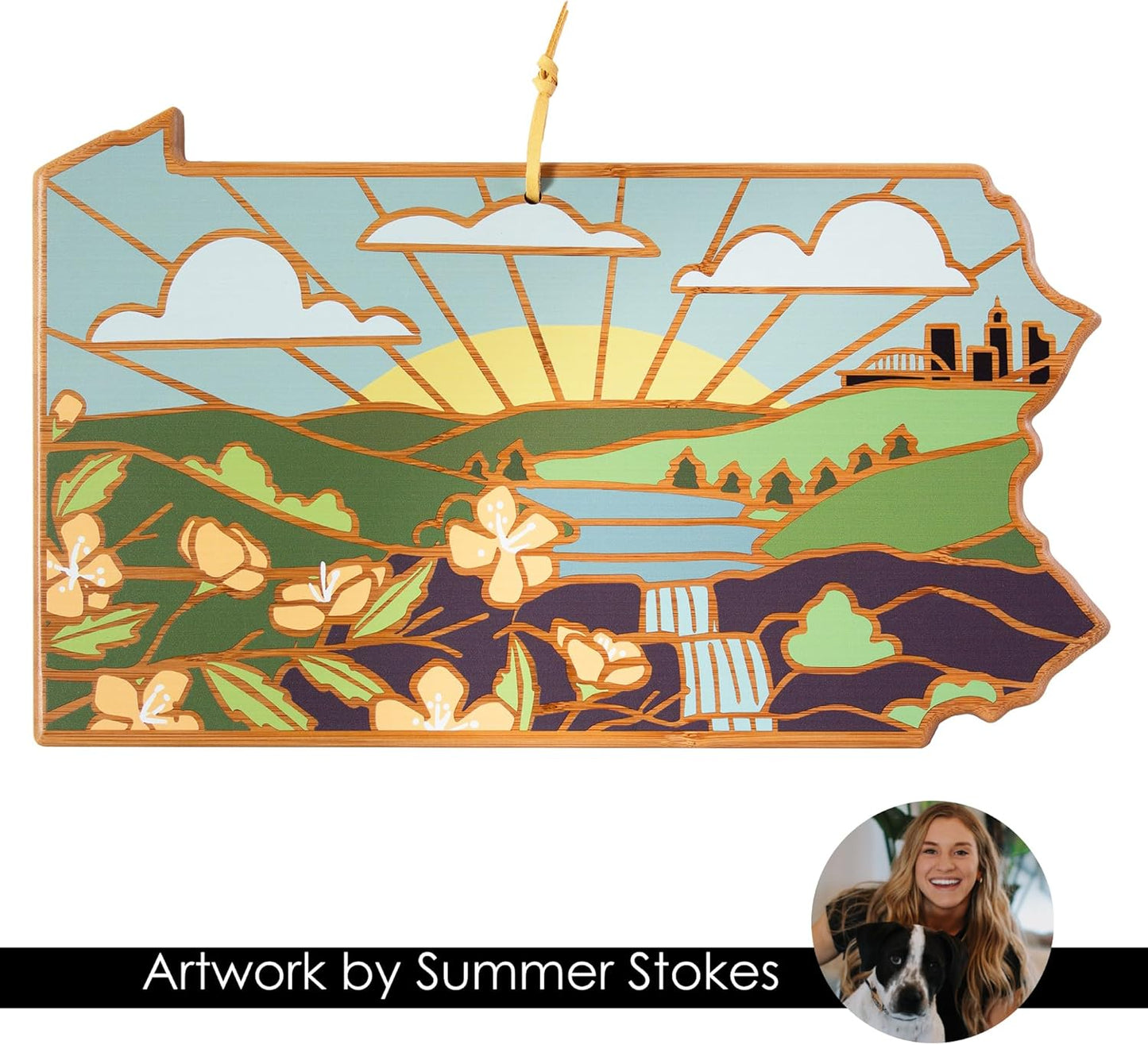 Totally Bamboo North Carolina State Shaped Cutting Board and Charcuterie Serving Platter with Artwork by Summer Stokes, Includes Hang Tie for Wall Display 18" x 8" x 5/8" - Colors A