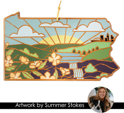 Totally Bamboo North Carolina State Shaped Cutting Board and Charcuterie Serving Platter with Artwork by Summer Stokes, Includes Hang Tie for Wall Display 18" x 8" x 5/8" - Colors A
