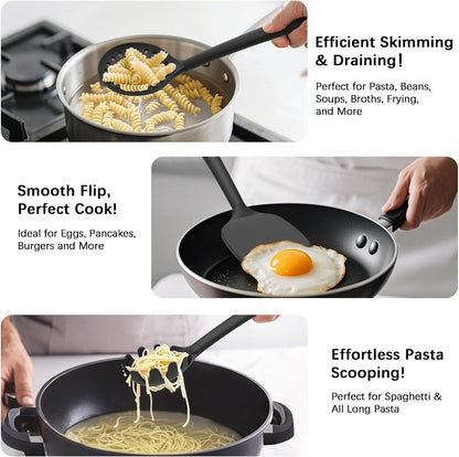 Coukre Silicone Kitchen Cooking Utensils Set with Holder – Heat-Resistant, Food-Grade Kitchen Tools, Spatula, Spoon & Gadgets for Non-Stick Pans, Dishwasher Safe (14, PureBlack)