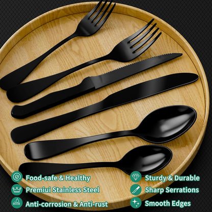 JUNLIN 49 Pieces Black Silverware Set with Steak Knives, Stainless Steel Silverware with Organizer Flatware Utensils Set for 8, Forks and Spoons Silverware Set Cutlery Set