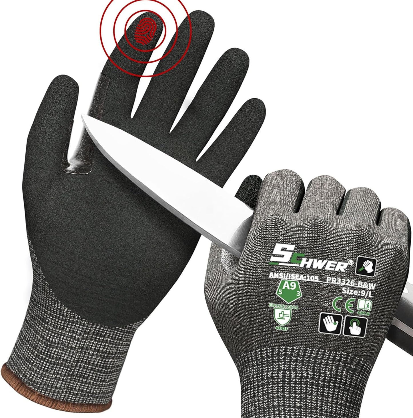 Schwer ProGuard High Level Cut Resistant Work Gloves PR3326 for Extreme Protection，ANSI A9 Cut Gloves with Reinforced Thumb, Non Slip, Breathable, Durable, Touch-screen, Black 1 Pair（XL）