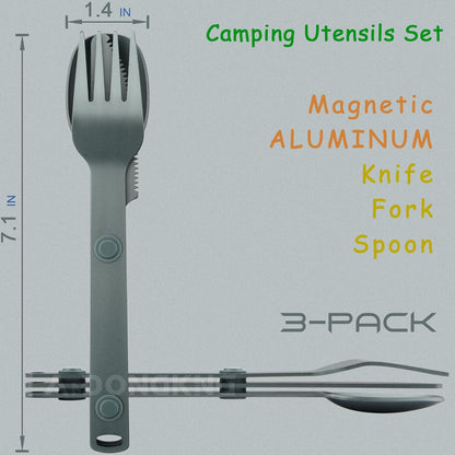 Magnetic Camping Cutlery Set, Flatware Utensils Set, Knife, Fork & Spoon, Travel Utensils for Camping, Cooking, and Outdoor Dining, 3-Pack, Orange