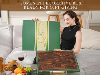 AZRHOM Large End Grain Walnut Wood Cutting Board 17x13x1.5 in Thick Butcher Block for Kitchen with Non-slip Mats Juice Groove & Handles (Gift Box)