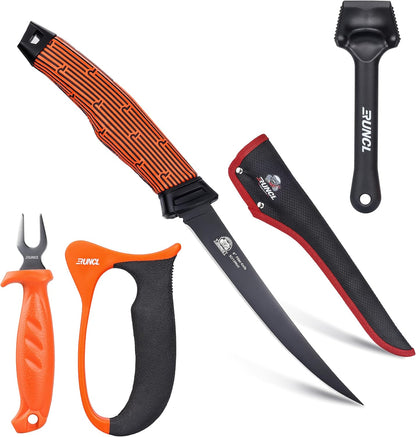 RUNCL Fishing Fillet Knife Combo Set, Fishing Tools Kit With 6" Fillet Knife, Fillet Fork, Knife Sharpener and Fish Scaler Remover, 4 Pieces fishing Kit Tool, Perfect for Fresh or Saltwater
