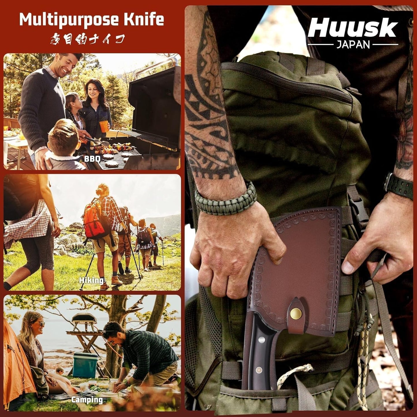 Huusk Hand Forged Chef Knife Set, High Carbon Steel Butcher Knife Set, Japanese Kitchen Knives for Home, Outdoor BBQ Camping Cooking, Gift Idea for Men