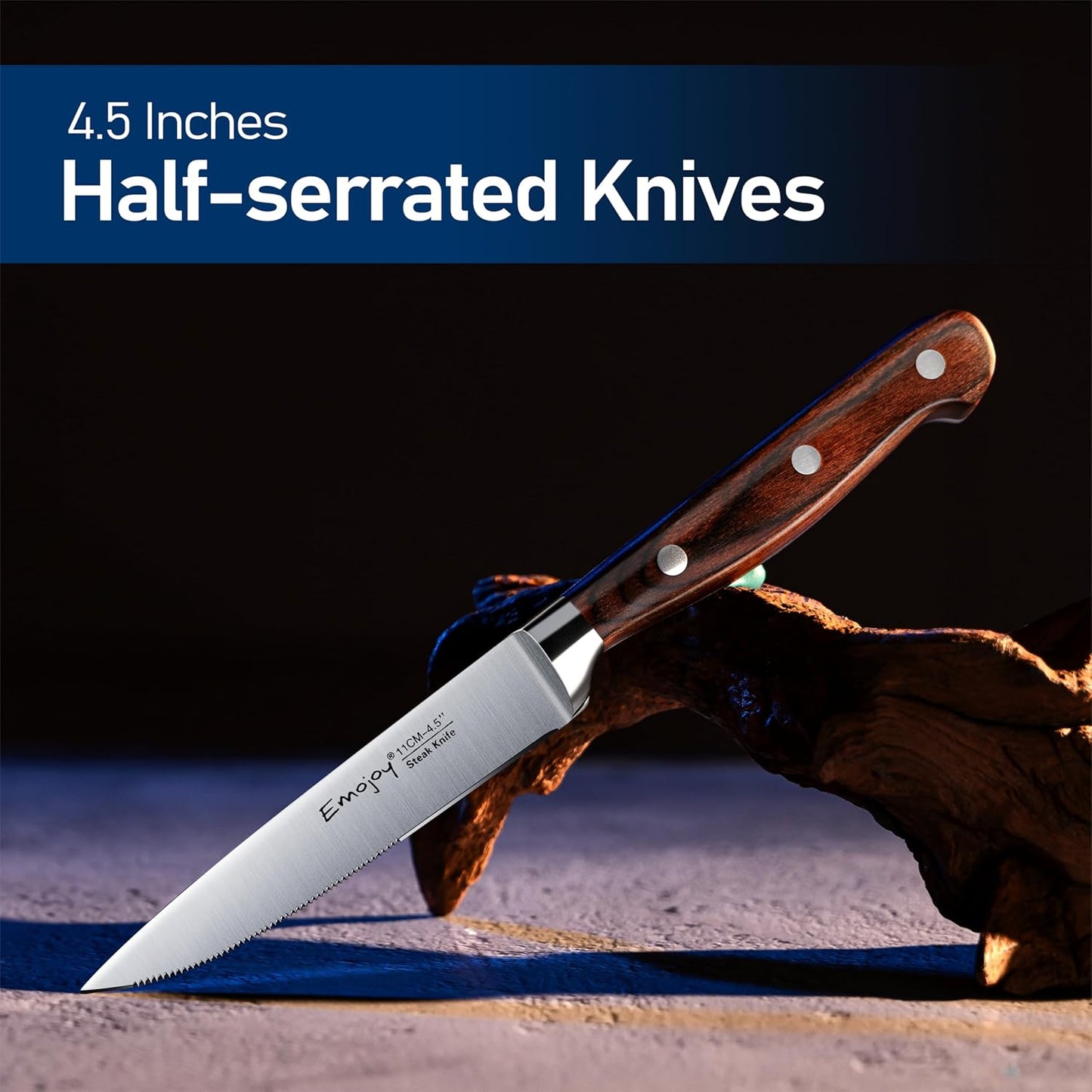 Emojoy Steak Knives, Steak Knife Set of 8, Highly Resistant and Durable German Stainless Steel Serrated Steak Knives with Gift Box