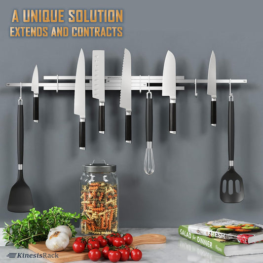 Magnetic Knife Holder for Wall 16 inch Extends up to 30 inches 4 Strip Neodymium Magnetic Rack with 10 Hooks for Kitchen Utensils Organize. No Drill. Tools Holder