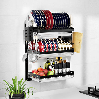 Dish Drying Rack, Over The Wall Mounted Dish Drying Rack, Stainless Steel Dish Rack, Large Storage Drying Rack for Kitchen, Dish Drainer with Utensil Holder-2 Tier