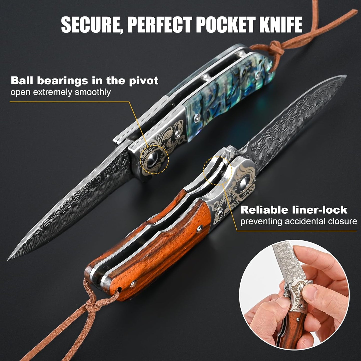Damascus Pocket Knife with Sheath,3.54" Sharp Damascus Steel Blade Abalone Seashells Handle EDC Pocket Knives & Folding Knives for Outdoor Camping, Ideal Gifts for Men Women