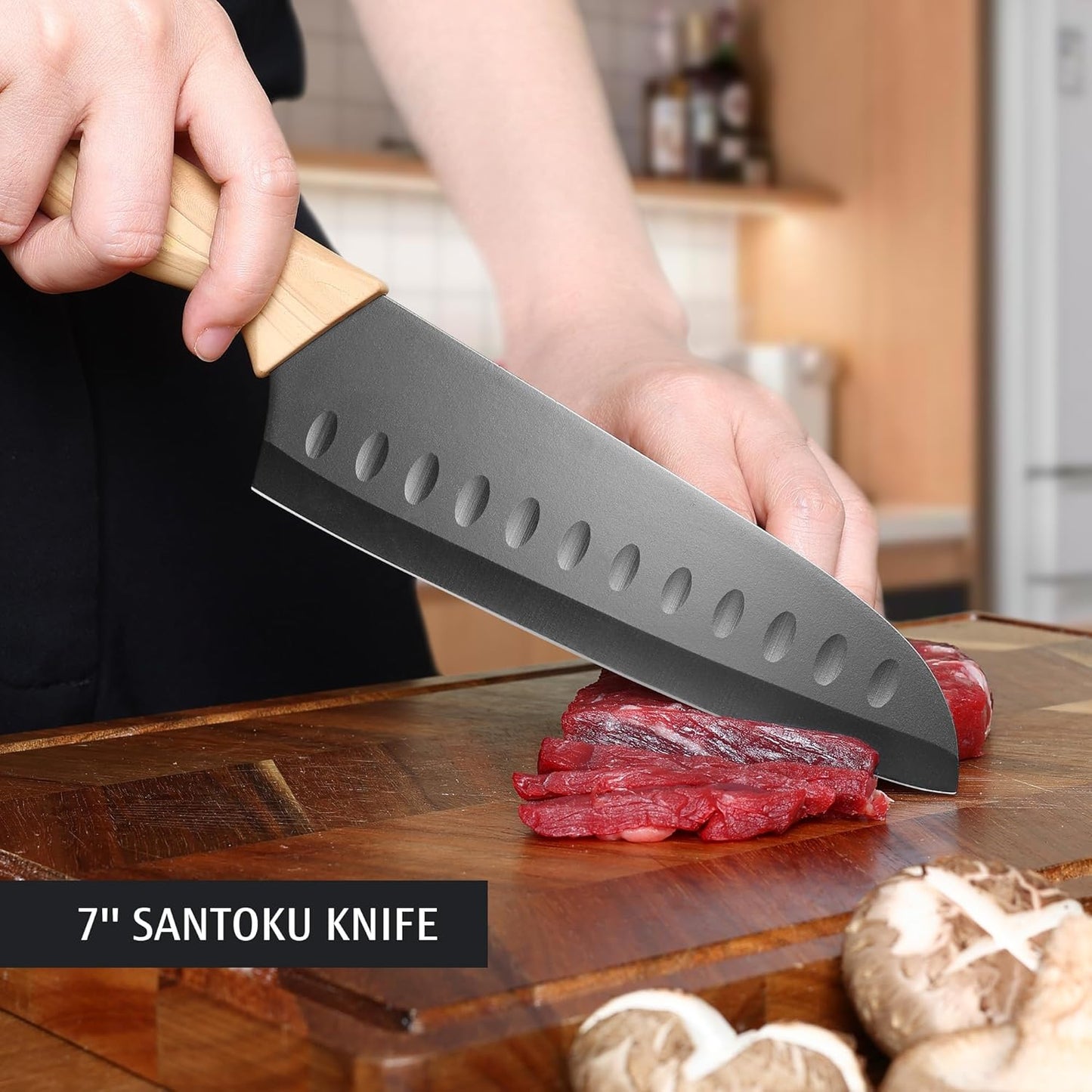 hecef Knife Set of 3, Stainless Steel Blade with Non-stick Coating, Sharp Kitchen Knives Includes Santoku, Utility, Paring Knives