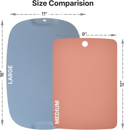 TPU Cutting Board Set of 2 11" x 16" with Handle Juice Groove - Flexible Cutting Mats for Kitchen, Knife Friendly Non-Slip Chopping Board, Scratch Resistant Blue Gray