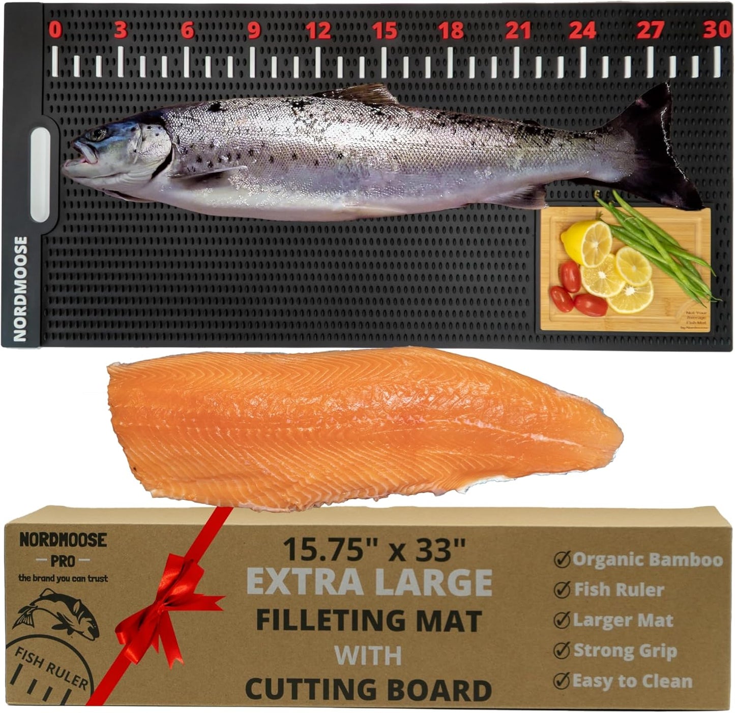 Fish Fillet Mat Kit with Fish Ruler Decal and Fillet Knife, Cutting Gloves. Large 28"x14" Nonslip Fish Cleaning Mat that Grips the Fish - Durable & Easy to Clean, Portable Fish Cutting Board