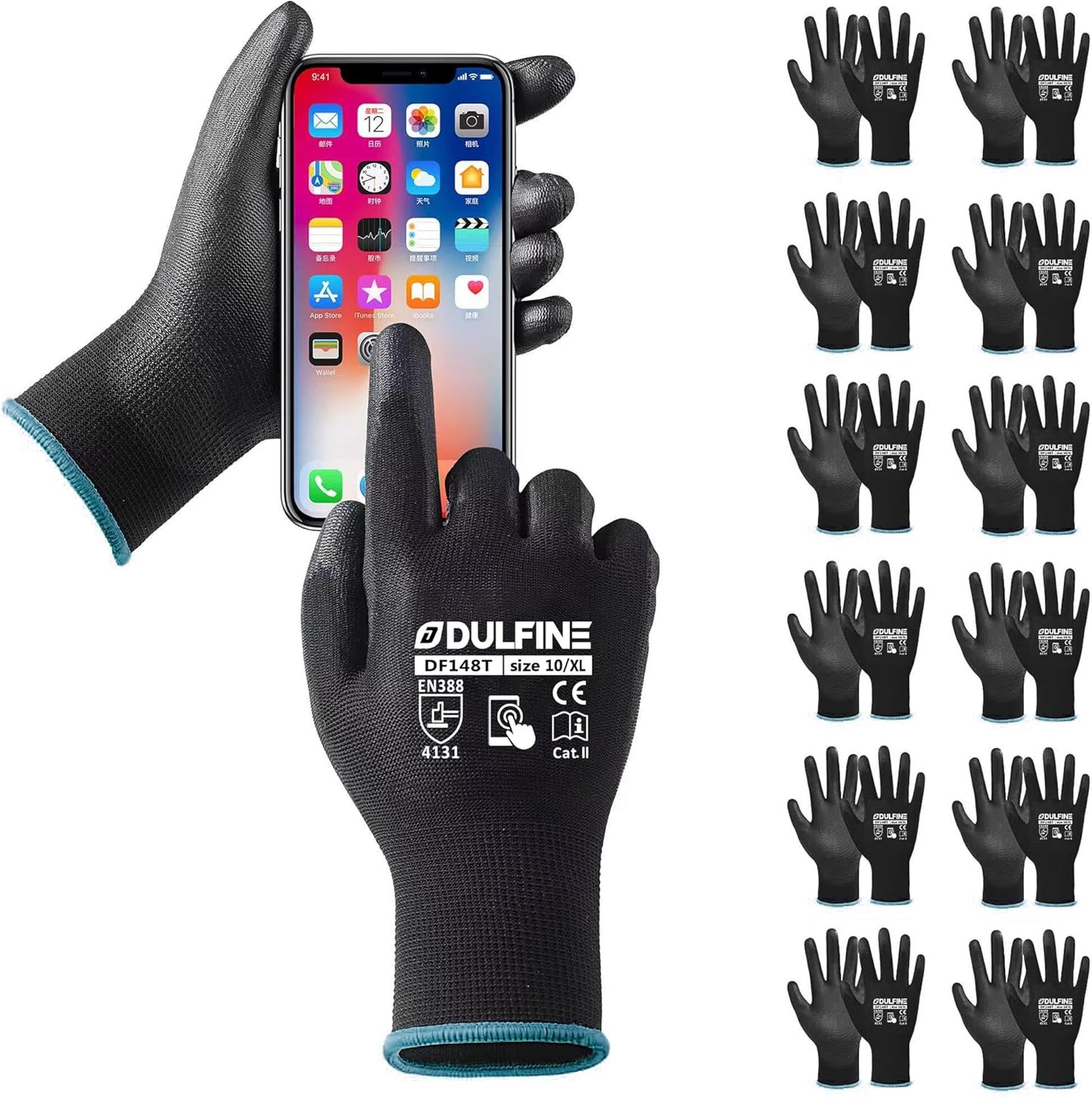 DULFINE Safety Work Gloves PU Coated-12 Pairs,Red Seamless Knit Glove with Polyurethane Coated Smooth Grip on Palm & Fingers, for Men and Women, Ideal for General Duty Work (Large)