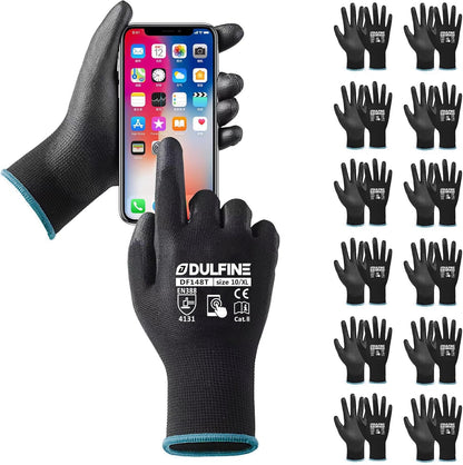 DULFINE Safety Work Gloves PU Coated-12 Pairs,Red Seamless Knit Glove with Polyurethane Coated Smooth Grip on Palm & Fingers, for Men and Women, Ideal for General Duty Work (Large)