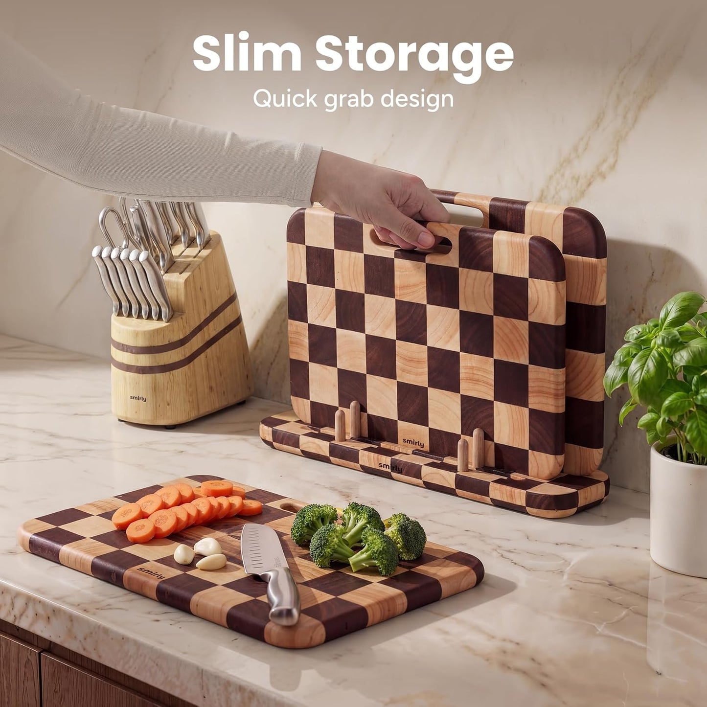 SMIRLY Wooden Cutting Boards for Kitchen, Double-Sided Cutting Board with Handle, Heavy Duty Solid Acacia Wood Cutting Board Set with Stand, 3 Pcs Cutting Boards Non Toxic for Meat Vegetable Fruit