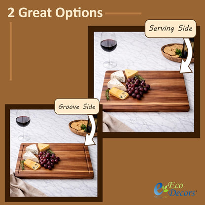 EcoDecors 18"x14" Extra Large Teak Cutting Board, Edge Grain Wood with Juice Groove & Handle, FSC Certified for Kitchen, Carving & Butcher Block Prep