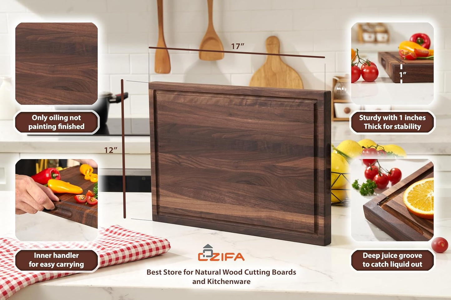 Cozifa American Dark Walnut Wood Cutting Board 17"x12"x1.6" for Kitchen with Juice Groove, Inner Handles, Gift Box Packaging and End Grain Butcher Block Finished with Linseed Oil, Beeswax & Lemon Oil