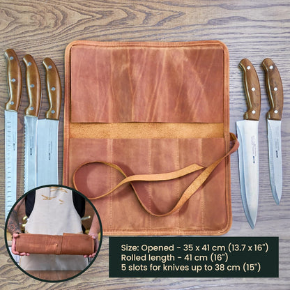 Professional's Leather Knife Roll Bag, Leather Knife Roll For Chef, Caramel Brown