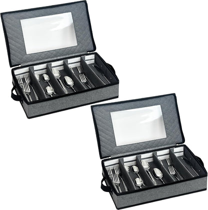 VERONLY 2 Pack Flatware Utensil Storage - Sturdy Silverware Storage Box with Dividers, 5 Compartment Flatware Storage Case with Handles and Removable Lid for Moving&Protected(Dark Gray)