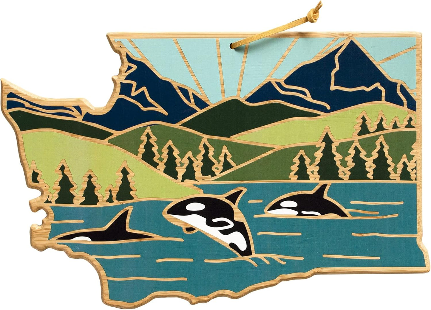 Totally Bamboo North Carolina State Shaped Cutting Board and Charcuterie Serving Platter with Artwork by Summer Stokes, Includes Hang Tie for Wall Display 18" x 8" x 5/8" - Colors B