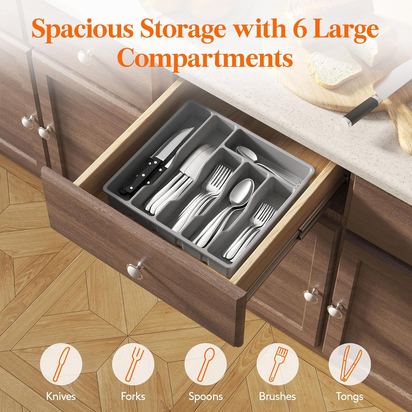 Lifewit Silverware Drawer Organizer Tray, Plastic Cutlery Storage for Kitchen, Flatware and Utensil Holder Divider for Spoons Forks Knives Tableware, 9.1 x 12.6", 5 Slots, Black
