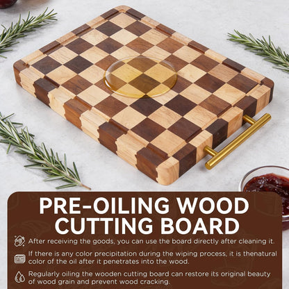 Checkered Cutting Board for Kitchen – 14.9"x 11"x 1.18" Rubber Wood Butcher Block with Juice Groove & Steel Handle, Heavy Duty Non-Slip Chopping Board for Charcuterie, Housewarming Gift