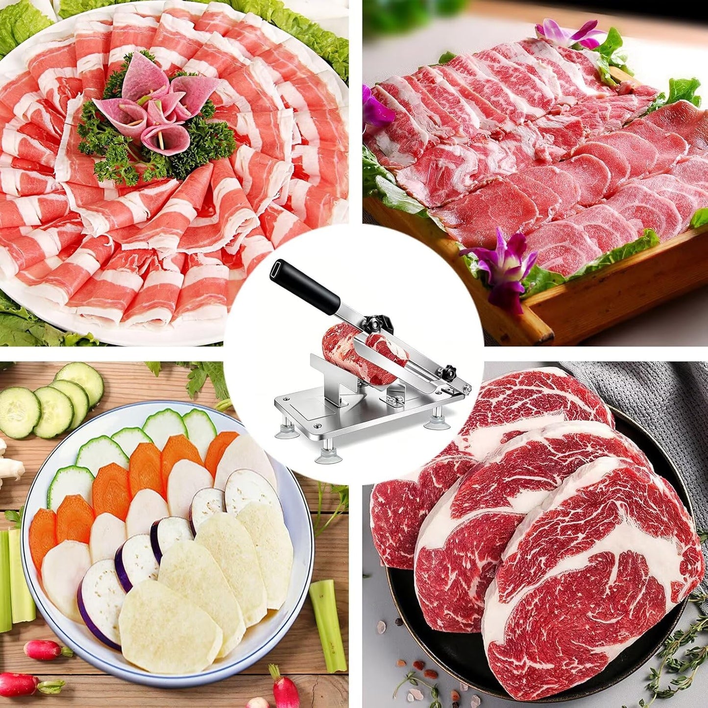 Manual Meat Slicer Frozen Meat Cutter Upgraded Stainless Steel Meat Cleavers Beef Mutton Roll Slicing Machine Vegetable Meat Slicer for Home Cooking Hotpot Shabu WG(Silver,17"x7")